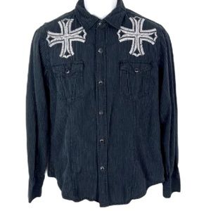 NWT Buckle Pop Icon Snap Up Men Black Pin-Striped Embroidered Cross Shirt Small